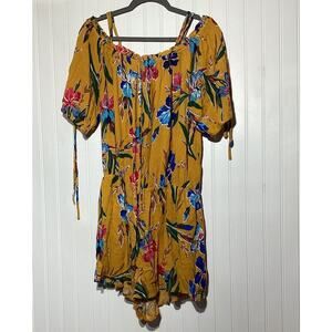 Kori America Romper Shorts Women's Size Large Yellow Floral Cold Shoulder